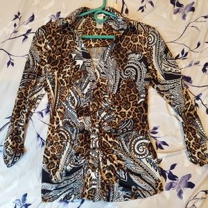 Snap "Button Down" Animal Print Leopard Silky Blouse Shirt